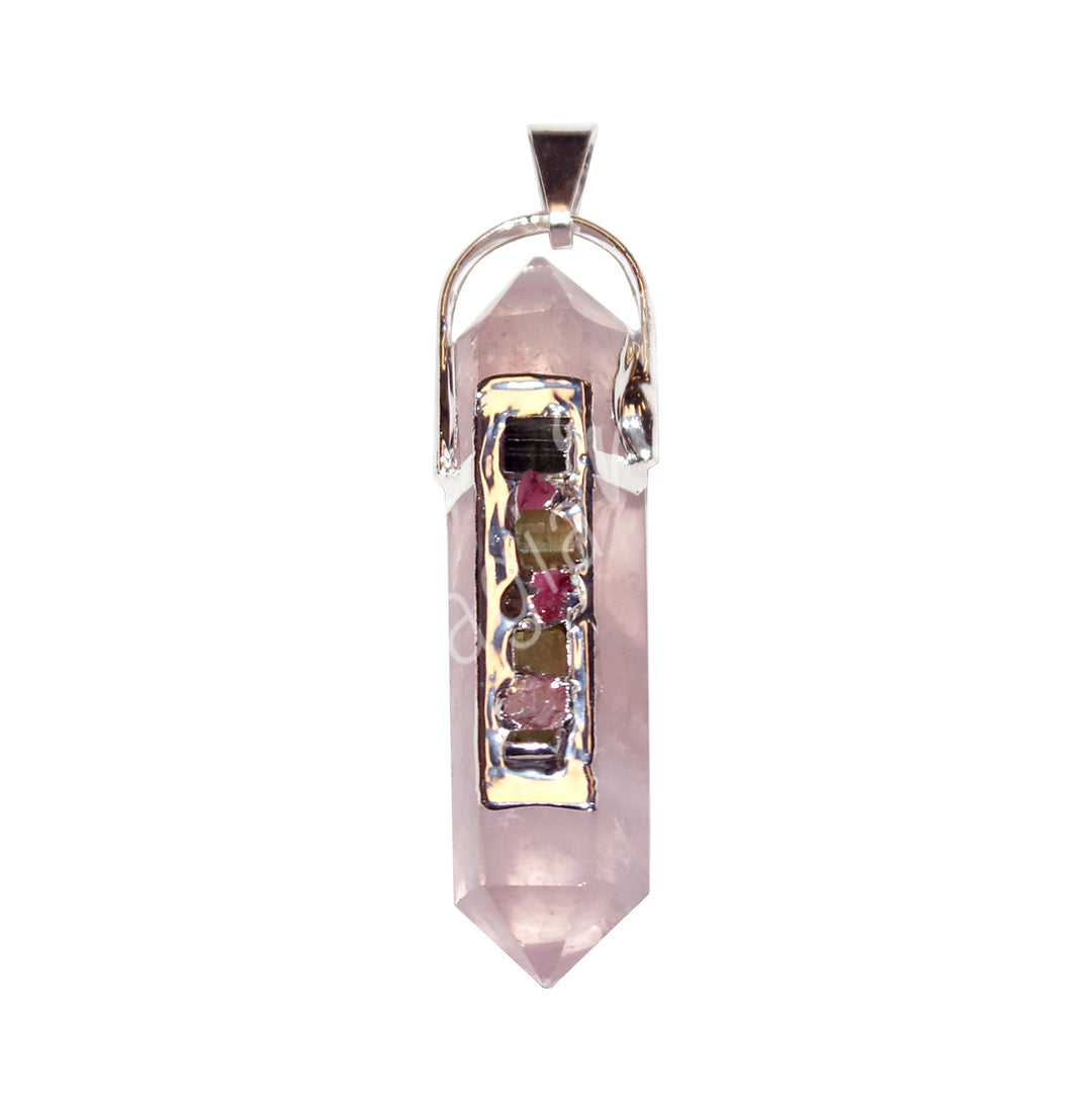 Pendant Point Double Terminated Rose Quartz with Tourmalines Faceted 2"