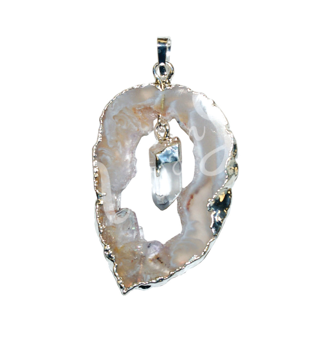 Pendant Slice Agate with Crystal Quartz Hanging Point 1.5-2.5″