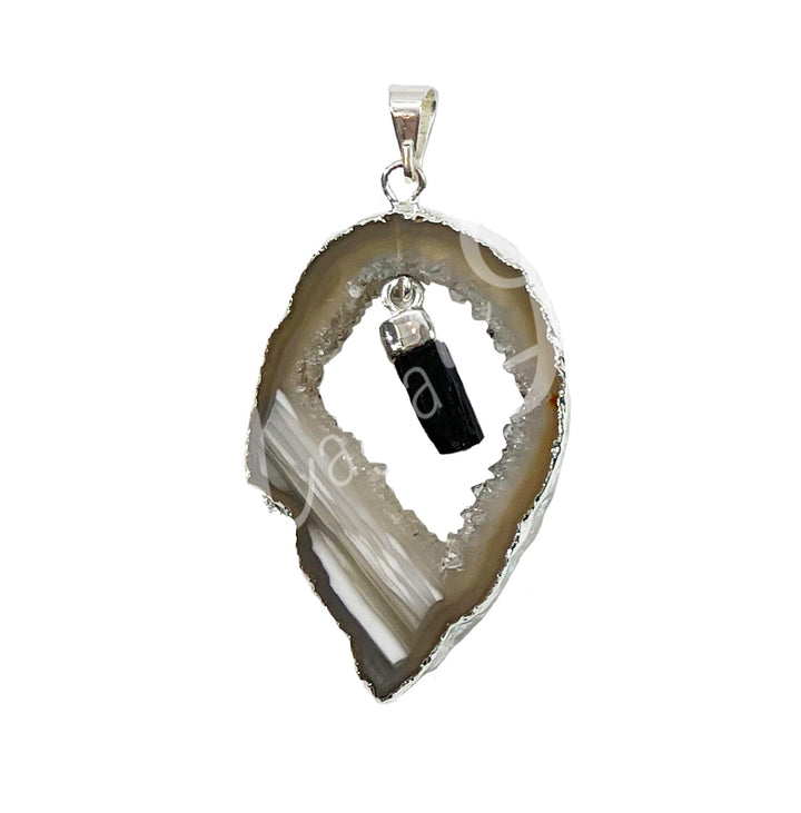 Pendant Slice Agate with Black Tourmaline Hanging Point 1.5-2.5″