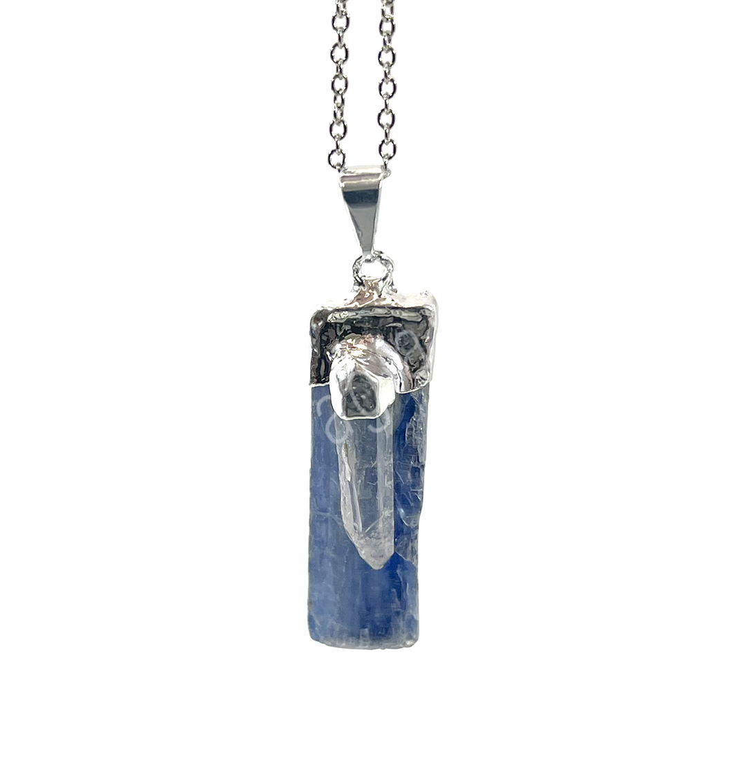 Pendant Kyanite & Crystal Quartz on Silver Plated Cap 1.5-2″