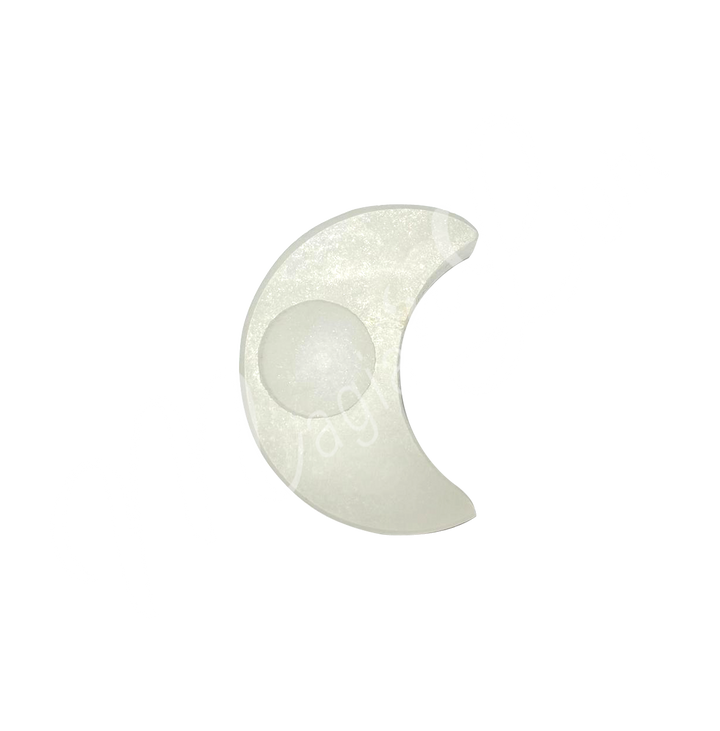 Moon-shaped Selenite crystal with a central hole designed to hold a tealight candle.