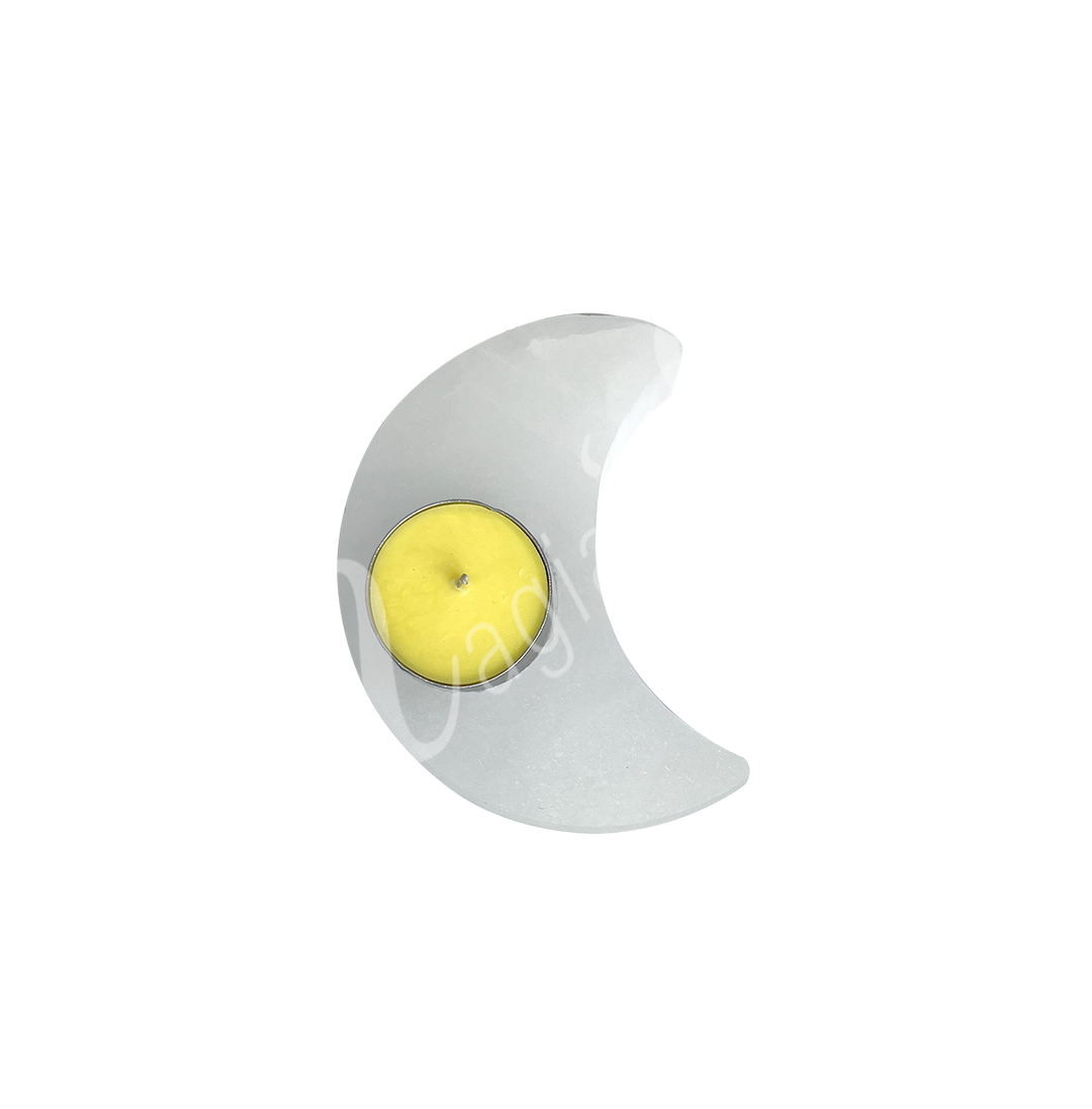 Moon-shaped Selenite crystal holding a yellow tealight candle.