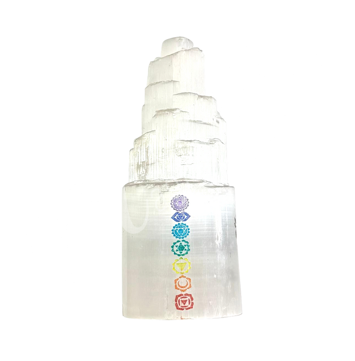 Selenite iceberg carving with black rubber feet. The lamp is engraved of the chakra symbol.