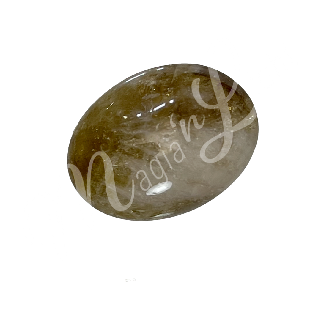 Polished tumbled stone with bands of white, cream, and shades of purple-yellow, showing natural patterns and a glossy surface.