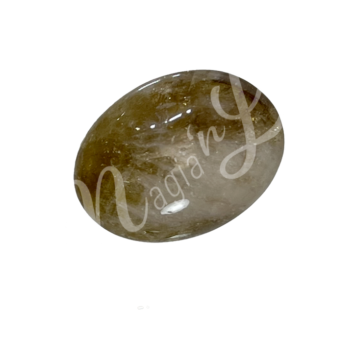 Polished tumbled stone with bands of white, cream, and shades of purple-yellow, showing natural patterns and a glossy surface.