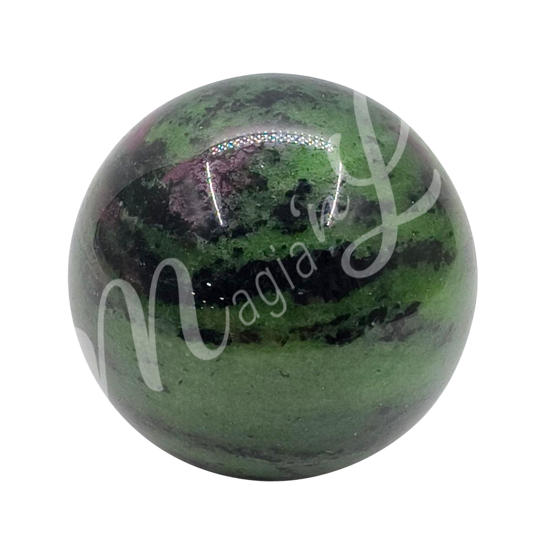 A sphere made of ruby zoisite, seen with a different color shade.