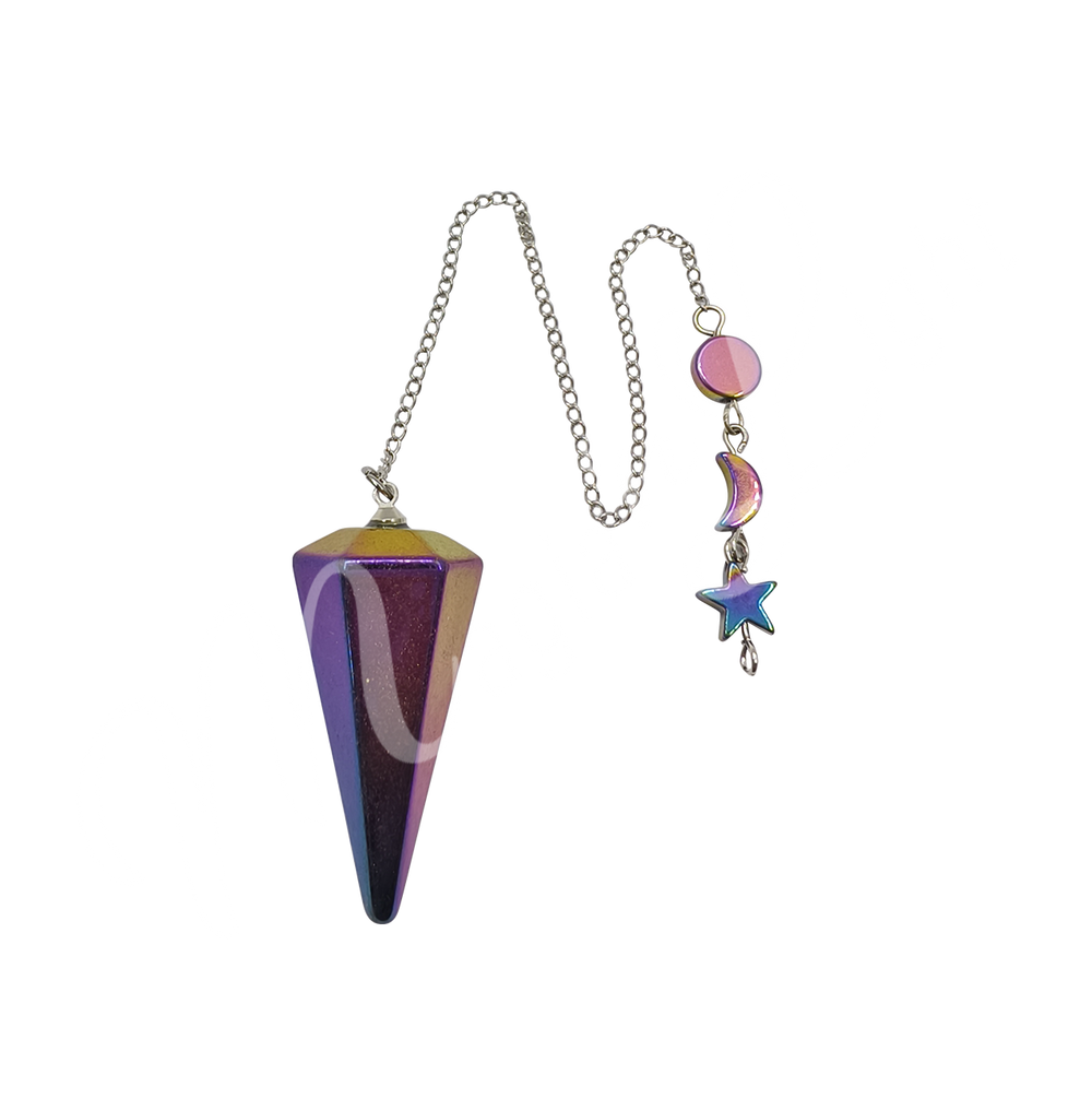 Hematite pendulum with a celestial design on the chain.