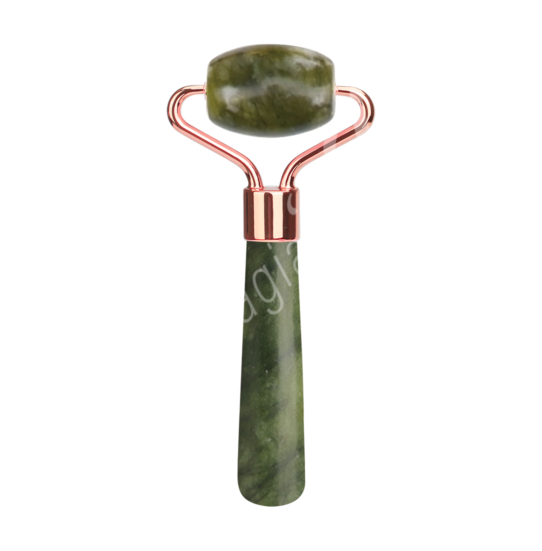 Jade facial roller with a rose-gold frame and a rounded handle for targeted facial massage.