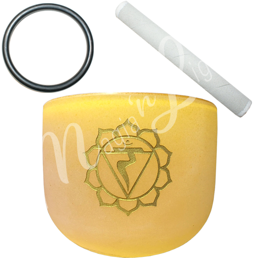 SINGING BOWL CRYSTAL TUNED E FROSTED YELLOW CHAKRA 10″DIA X 7.75-8″H