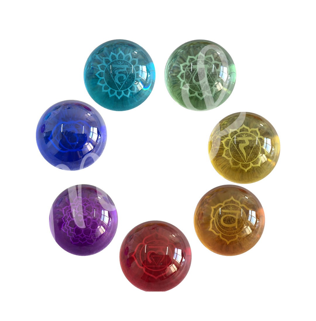 Esfera de vidrio con símbolos y colores de chakras (juego de 7) 2"