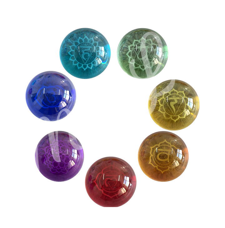 Sphere Glass with Chakra Symbols & Colors (Set of 7) 2"