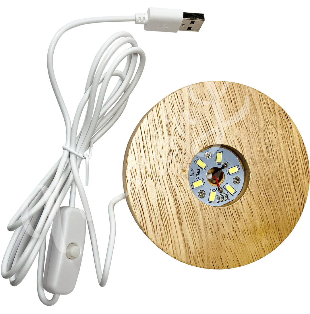 Wooden round LED light plain design, connected to a white USB cable with inline power switch.