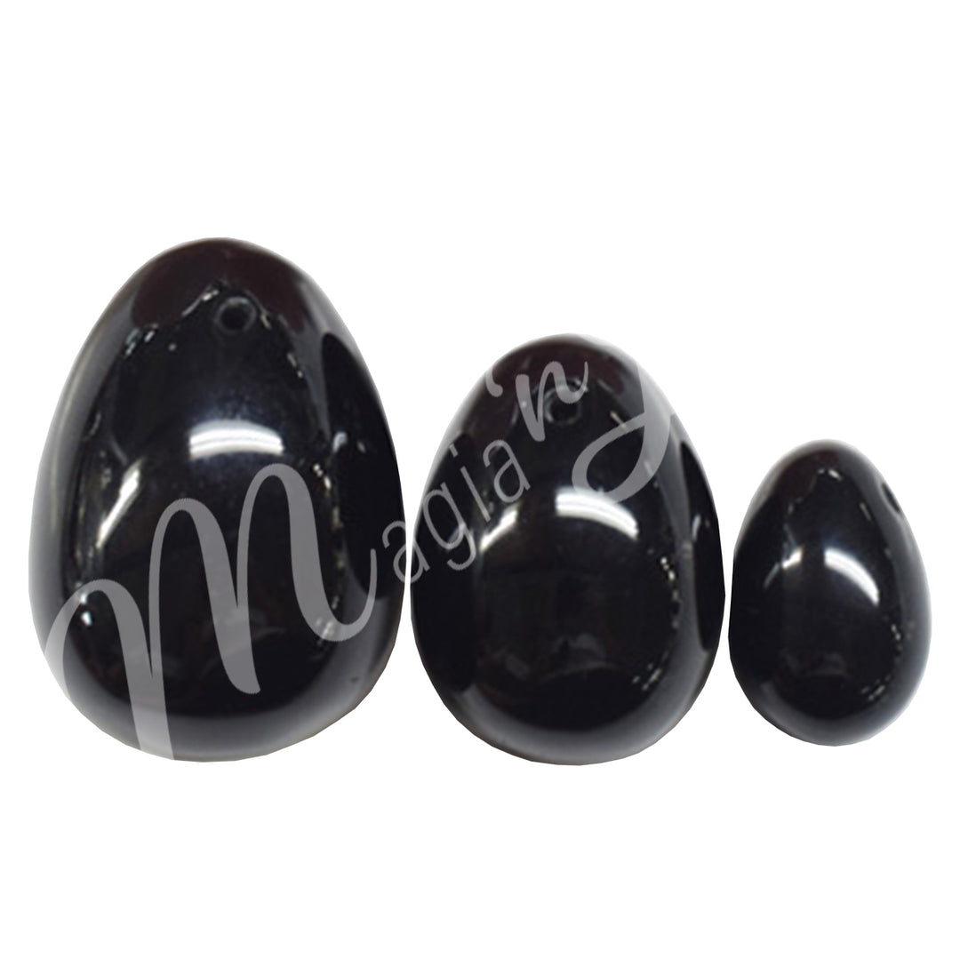 Egg Yoni Obsidian, Black with Hole (Set of 3) 1″-1.5″-2″