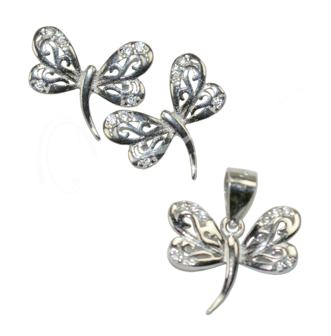 Sterling Silver Pendant & Earrings Set Dragonfly