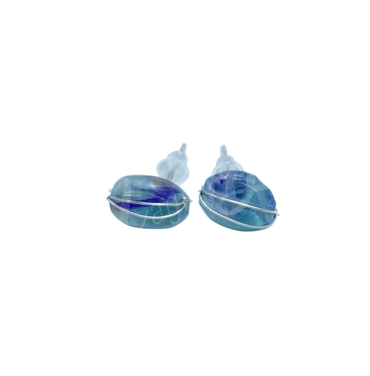 Sterling Silver Earring Studs Fluorite Wire Wrapped 7-8mm