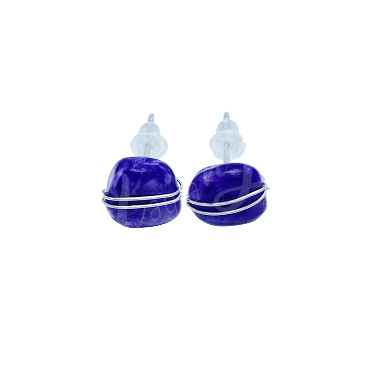 Sterling Silver Earring Studs Charoite Wire Wrapped 7-8mm