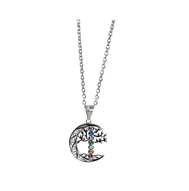 Sterling Silver Pendant Crescent Moon w Tree & Chakras