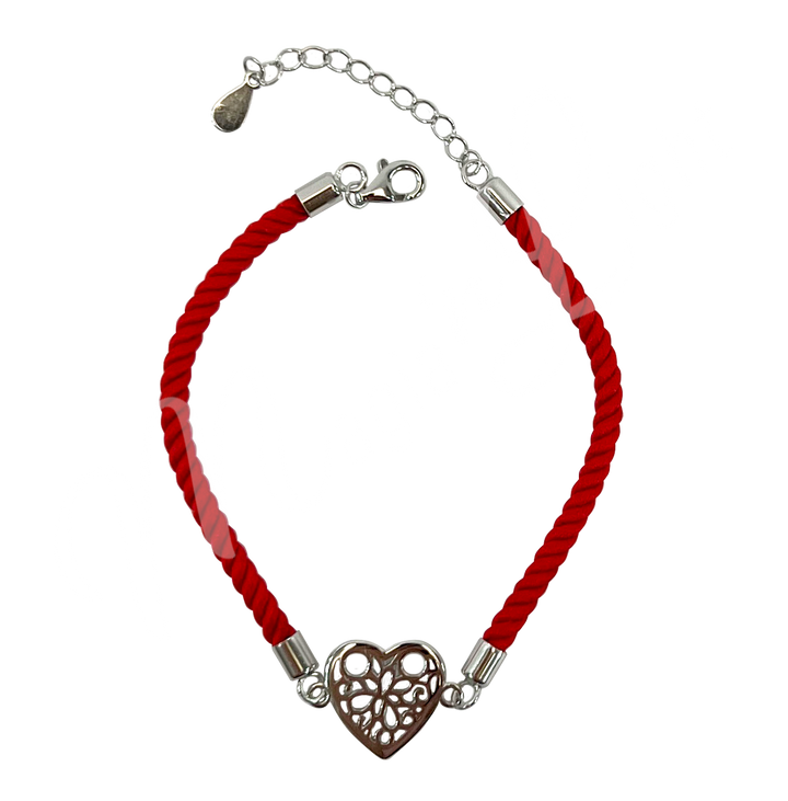 Sterling Silver Bracelet Red Cord w Heart