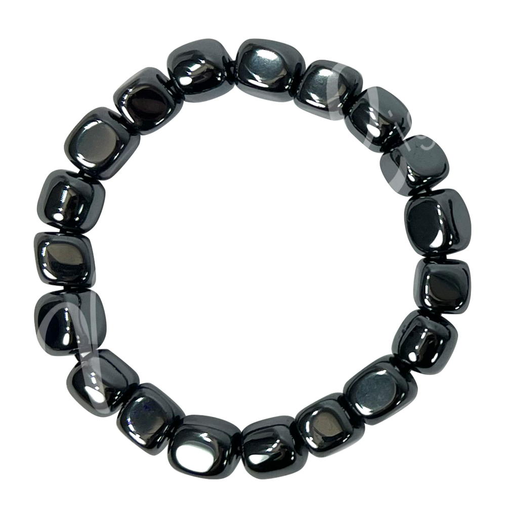 A bracelet composed of polished hematite tumbled stones, showcasing the natural beauty and unique patterns of each stone, perfect for both style and mindful energy.