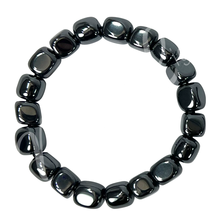 A bracelet composed of polished hematite tumbled stones, showcasing the natural beauty and unique patterns of each stone, perfect for both style and mindful energy.