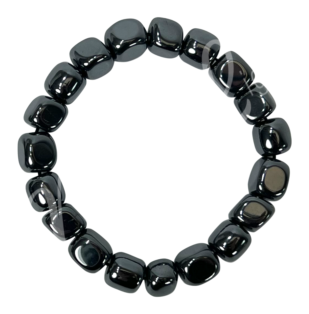 A bracelet composed of polished hematite tumbled stones, showcasing the natural beauty and unique patterns of each stone, perfect for both style and mindful energy.