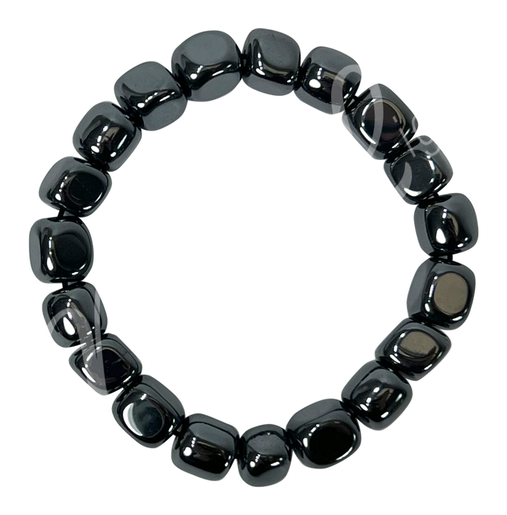 A bracelet composed of polished hematite tumbled stones, showcasing the natural beauty and unique patterns of each stone, perfect for both style and mindful energy.