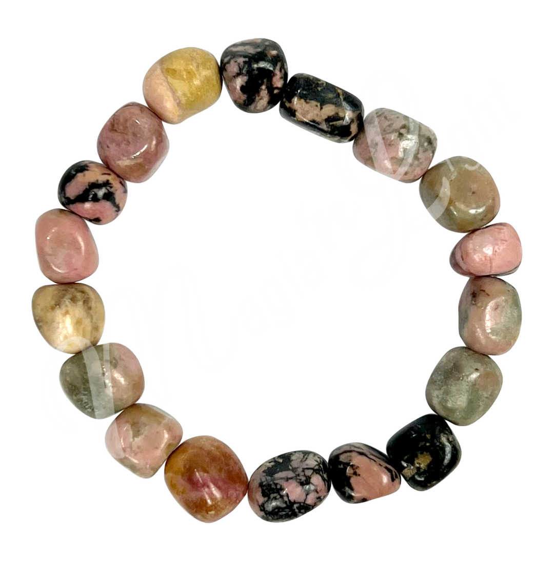 A bracelet composed of polished rhodonite tumbled stones, showcasing the natural beauty and unique patterns of each stone, perfect for both style and mindful energy.