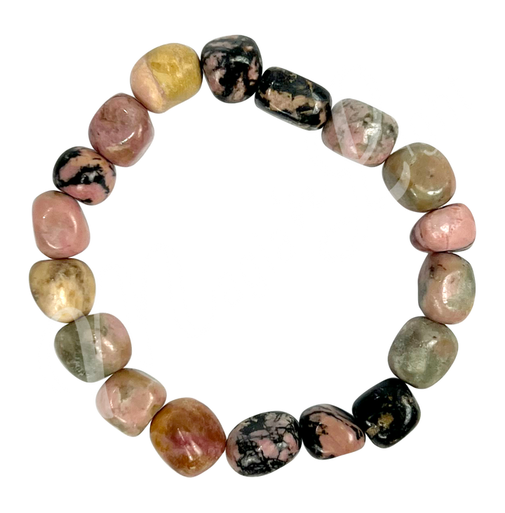 A bracelet composed of polished rhodonite tumbled stones, showcasing the natural beauty and unique patterns of each stone, perfect for both style and mindful energy.