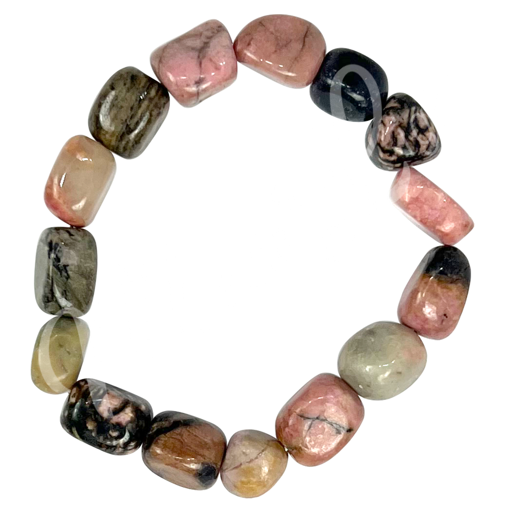 A bracelet composed of polished rhodonite tumbled stones, showcasing the natural beauty and unique patterns of each stone, perfect for both style and mindful energy.