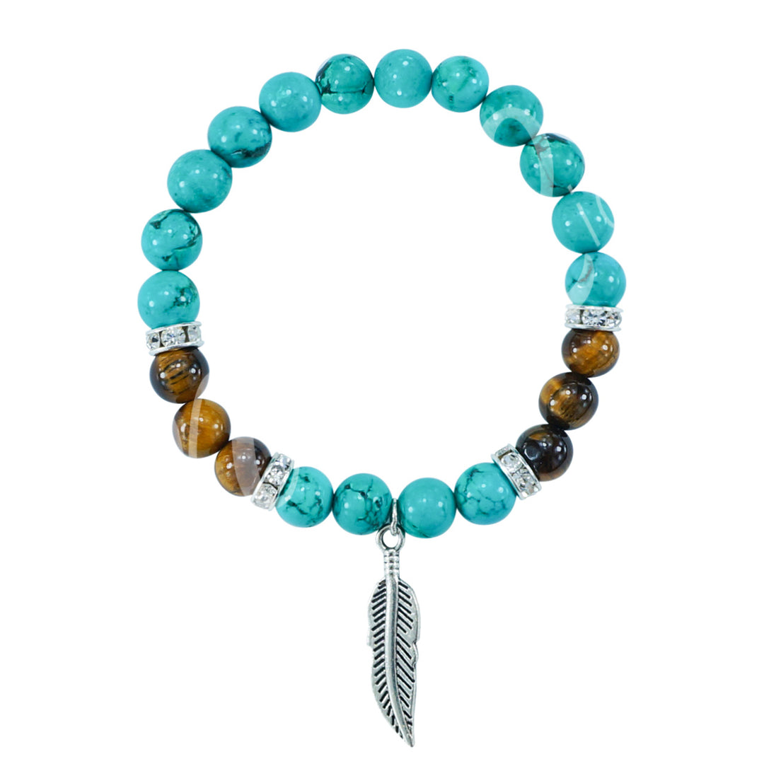 Bracelet Turquoise & Tiger Eye with Feather Charm (8-8.5 mm) 7.15-7.25"
