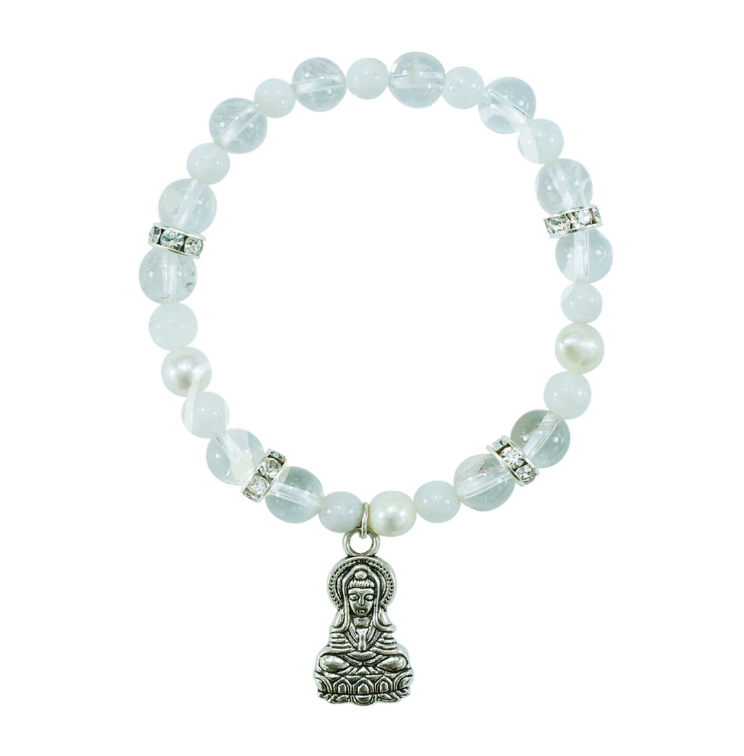 Bracelet Crystal Quartz & Rainbow Moonstone Pearls with Kwan Yin Charm (8-8.5 mm) 7.15-7.25"