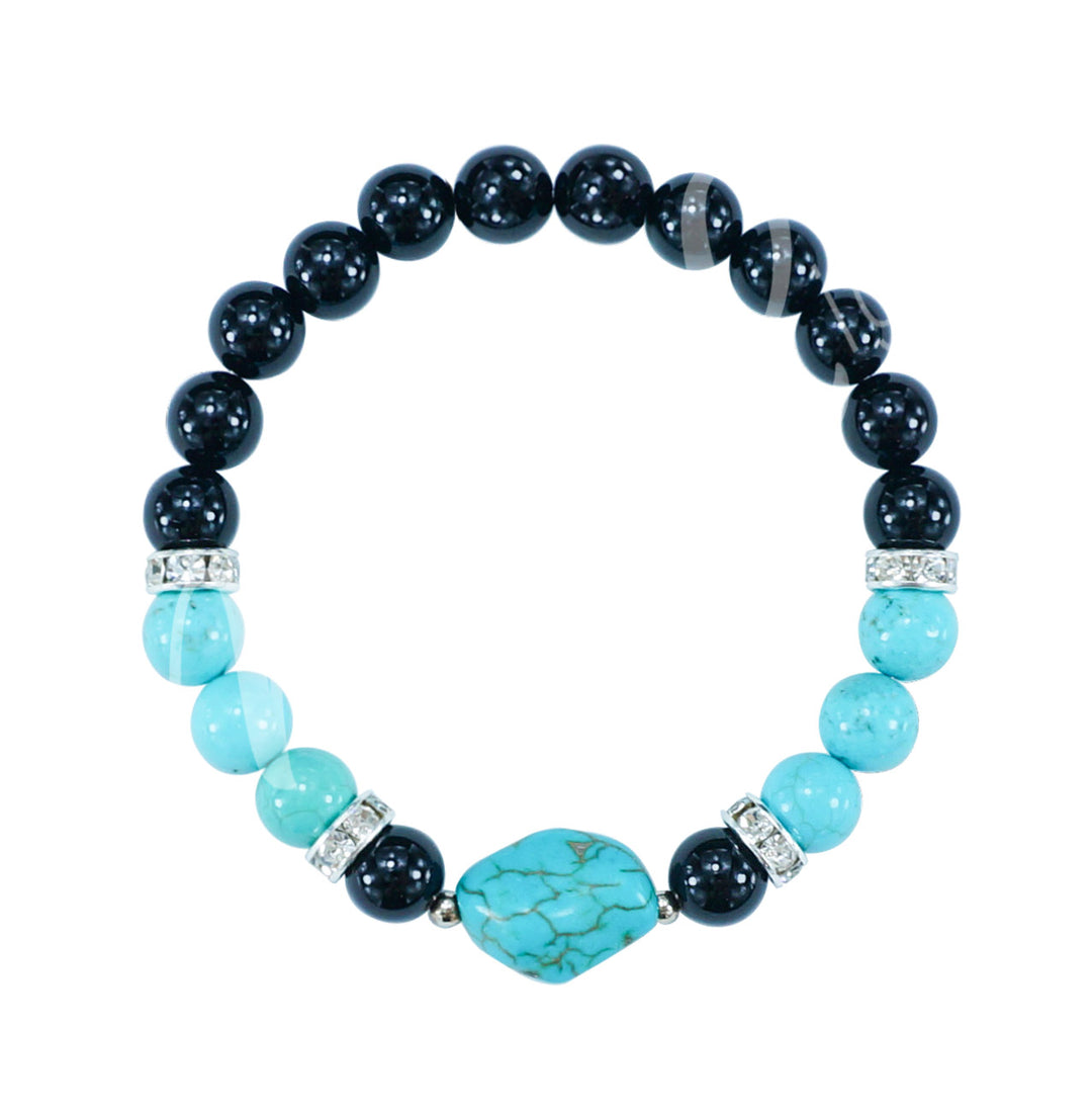 Bracelet Onyx, Black & Turquoise with Nugget Charm (8-8.5 mm) 7.15-7.25"