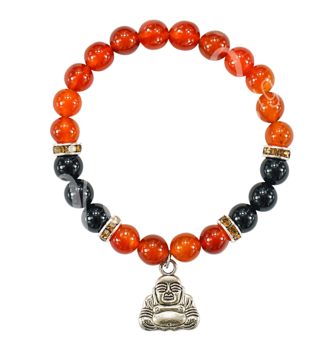 Bracelet Carnelian & Black Onyx with Happy Buddha Charm (8-8.5 mm) 7.15-7.25"