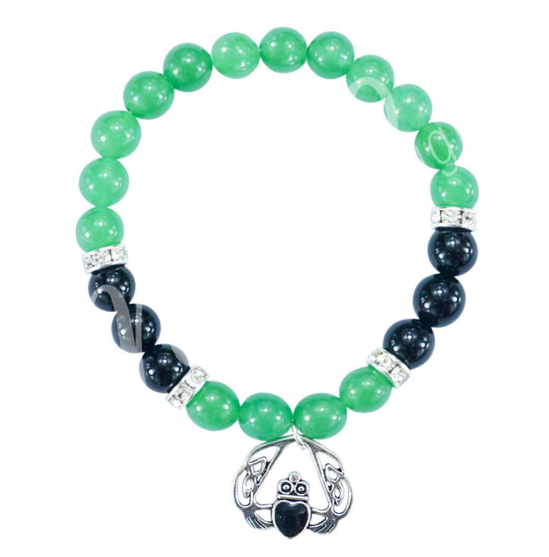 Bracelet Aventurine, Green & Black Onyx with Claddagh (8-8.5 mm) 7.15-7.25"