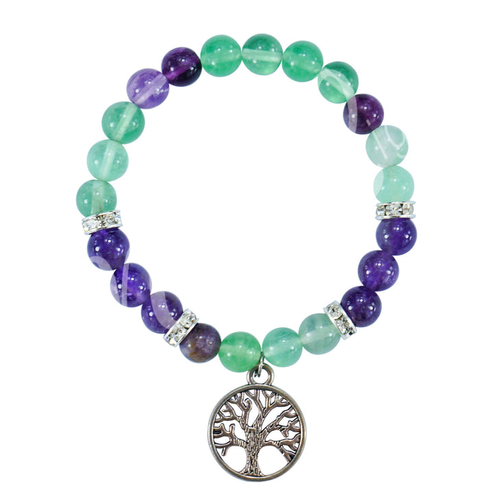 Pulsera de fluorita y amatista con dije del árbol de la vida (8-8,5 mm) 7,15-7,25"