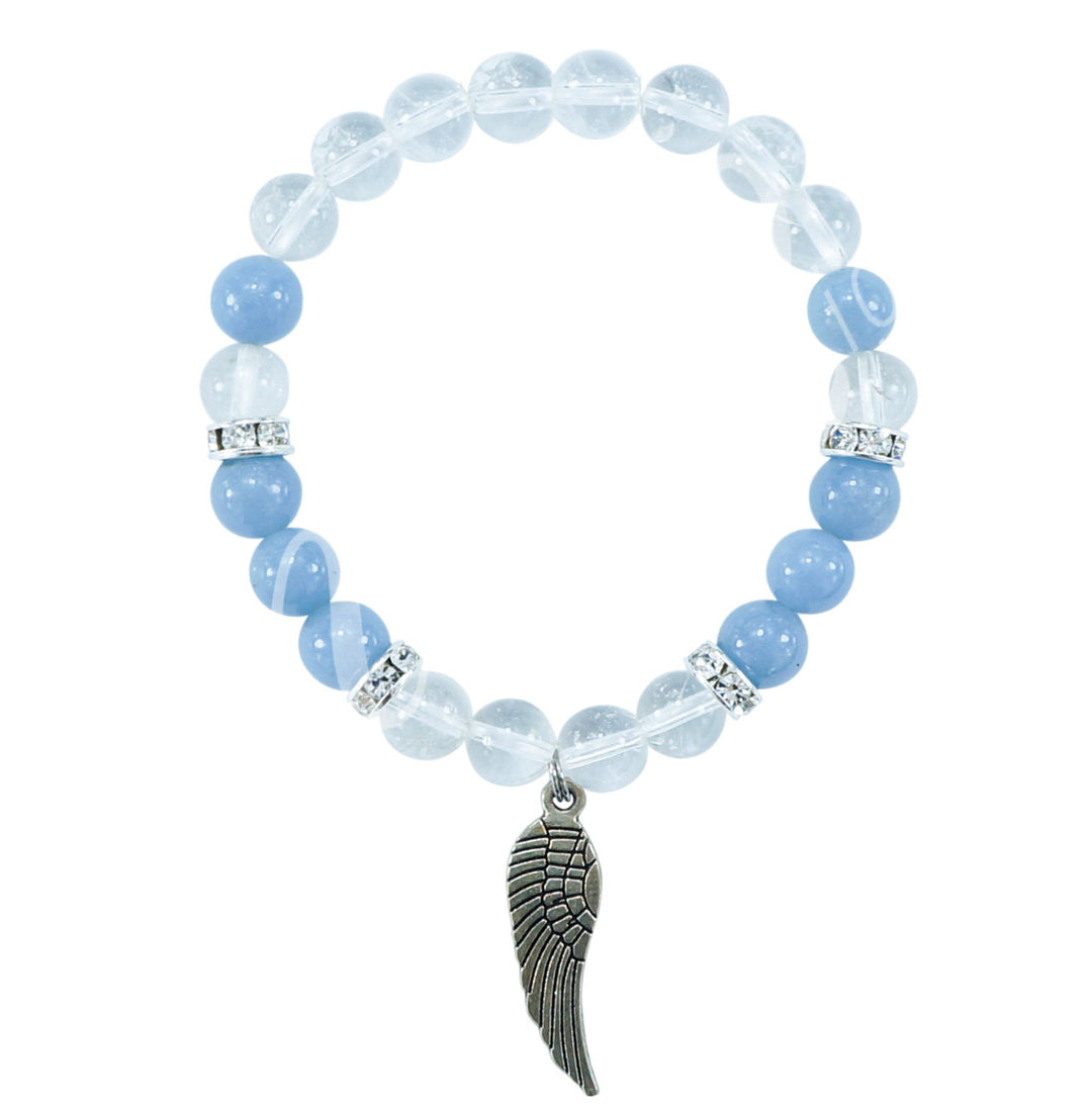 Bracelet Crystal Quartz & Angelite with Angel Wing Charm (8-8.5mm) 7.15-7.25"