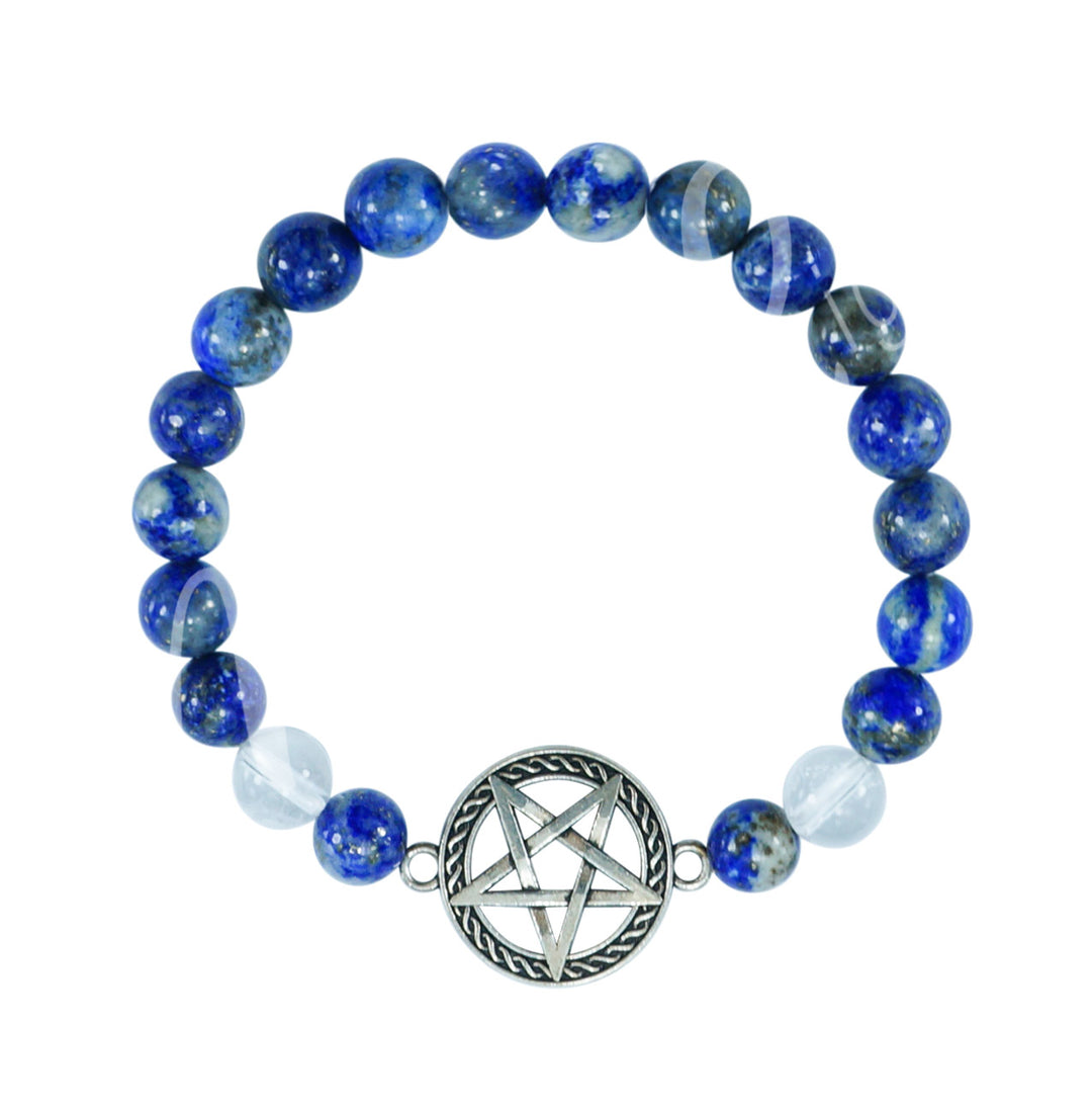 Bracelet Lapis Lazuli & Crystal Quartz with pentacle Charm (8-8.5 mm) 7.15-7.25"