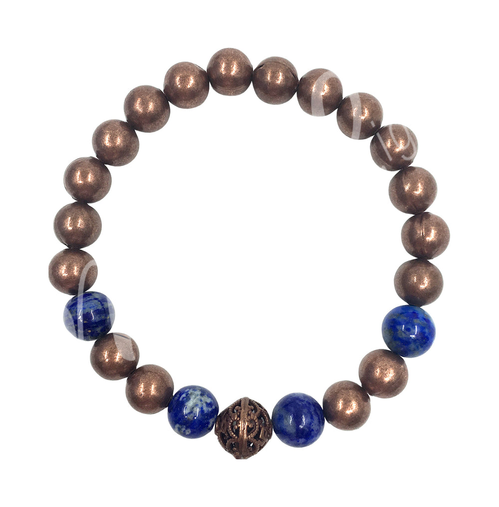 A bracelet made of copper & lapis lazuli beads.