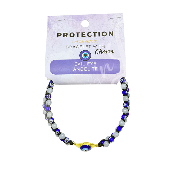 Bracelet Adjustable Double Row Evil Eye Charm w Angelite (4mm) 6.7-8.65″