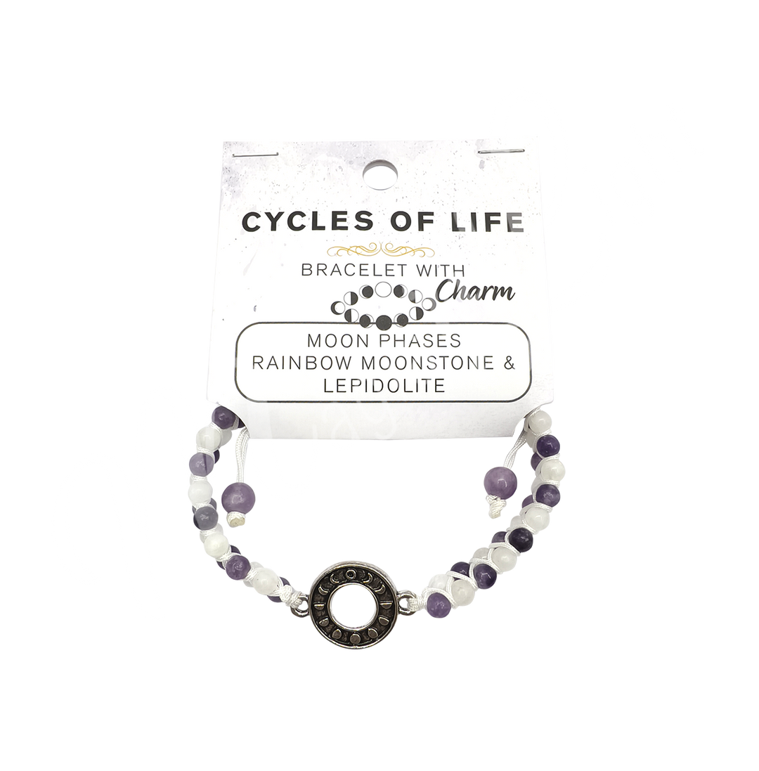 Bracelet Adjustable Rainbow Moonstone & Lepidolite w Moon Charm (4 mm) 6.7-8.65"