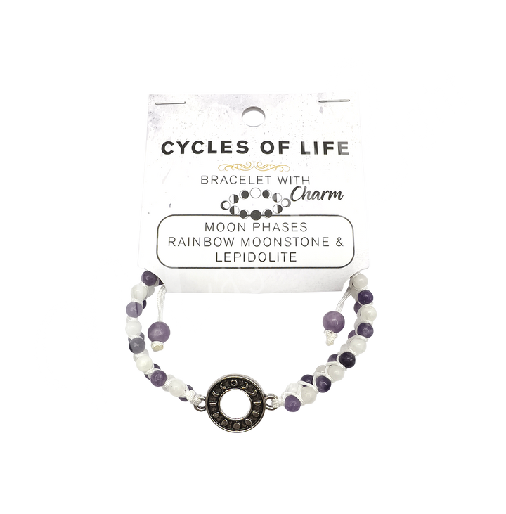 Bracelet Adjustable Rainbow Moonstone & Lepidolite w Moon Charm (4 mm) 6.7-8.65"
