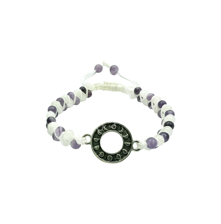 Bracelet Adjustable Rainbow Moonstone & Lepidolite w Moon Charm (4 mm) 6.7-8.65"