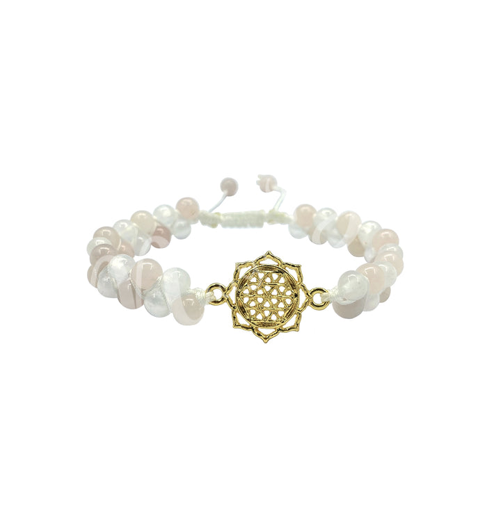 Bracelet Adjustable Double Row Flower of Life in Lotus Charm w Selenite & Rose Quartz (4mm) 6.7-8.65″