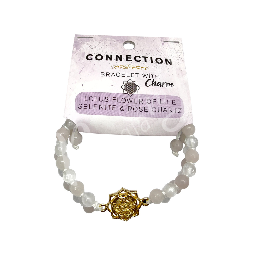 Bracelet Adjustable Double Row Flower of Life in Lotus Charm w Selenite & Rose Quartz (4mm) 6.7-8.65″