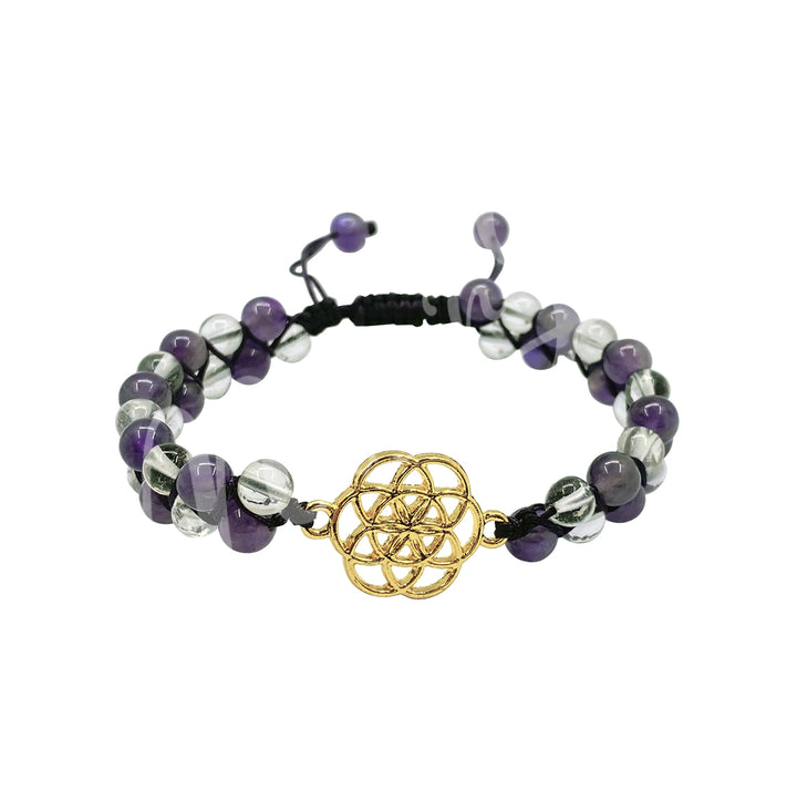 Bracelet Adjustable Double Row Seed of Life Charm w Amethyst & Crystal Quartz (4mm) 6.7-8.65″