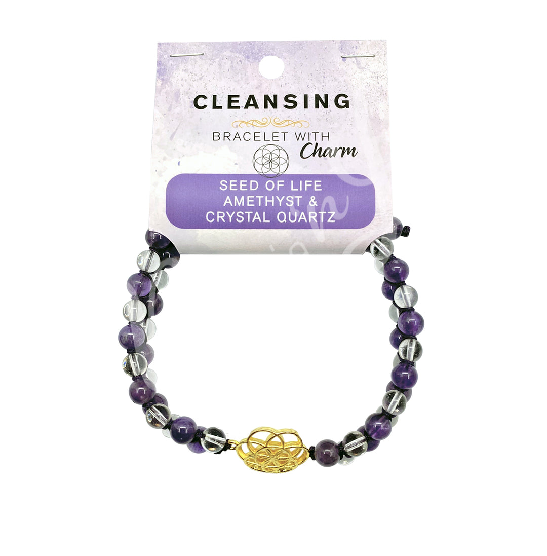 Bracelet Adjustable Double Row Seed of Life Charm w Amethyst & Crystal Quartz (4mm) 6.7-8.65″