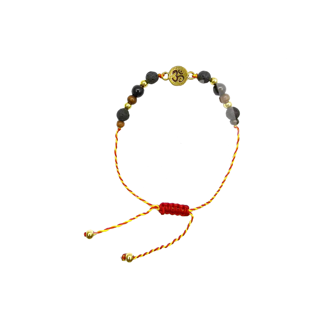 Bracelet Adjustable Rakhi for Safety w Om and Lava & Black Obsidian (6 mm) 3-11.75"