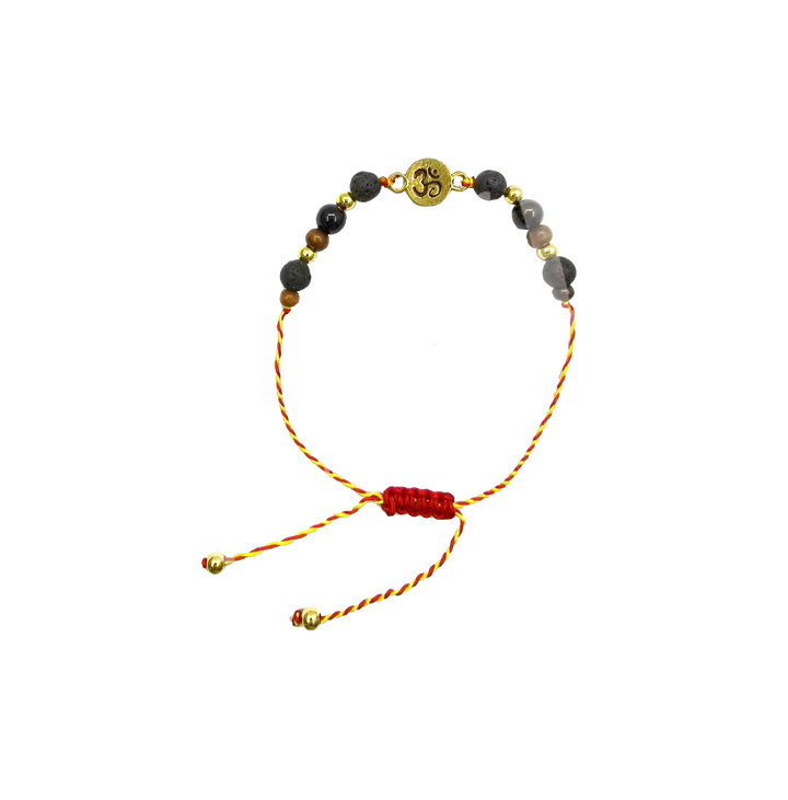 Bracelet Adjustable Rakhi for Safety w Om and Lava & Black Obsidian (6 mm) 3-11.75"