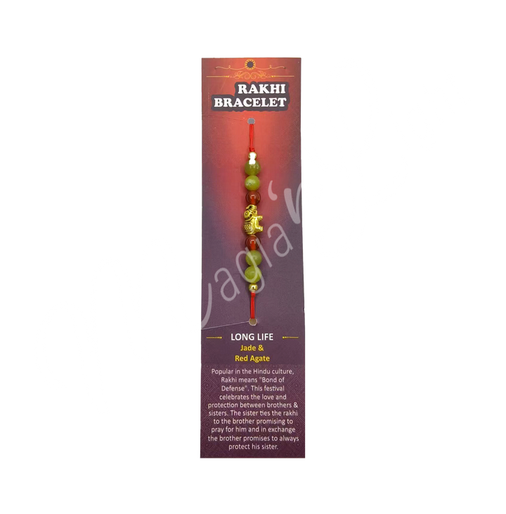 Bracelet Adjustable Rakhi for Long Life with Elephant and Jade & Red Agate (6 mm) 3-11.75"