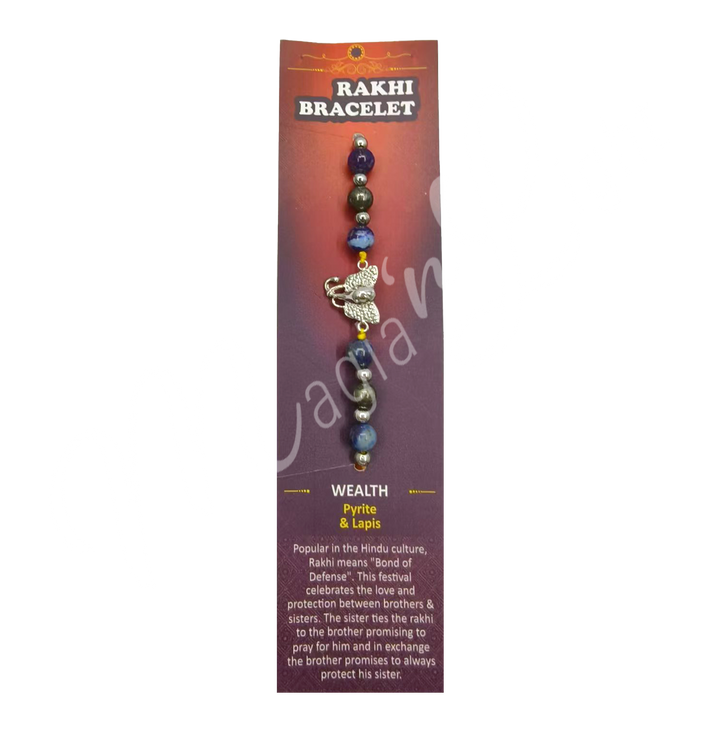 Bracelet Adjustable Rakhi for Wealth w Ganesha and Pyrite & Lapis Lazuli (6 mm) 3-11.75"